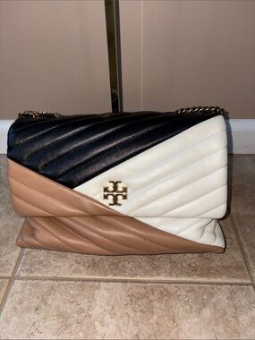 Tory Burch Tri-Color Quilted Shoulder Bag - Black, White & Tan
